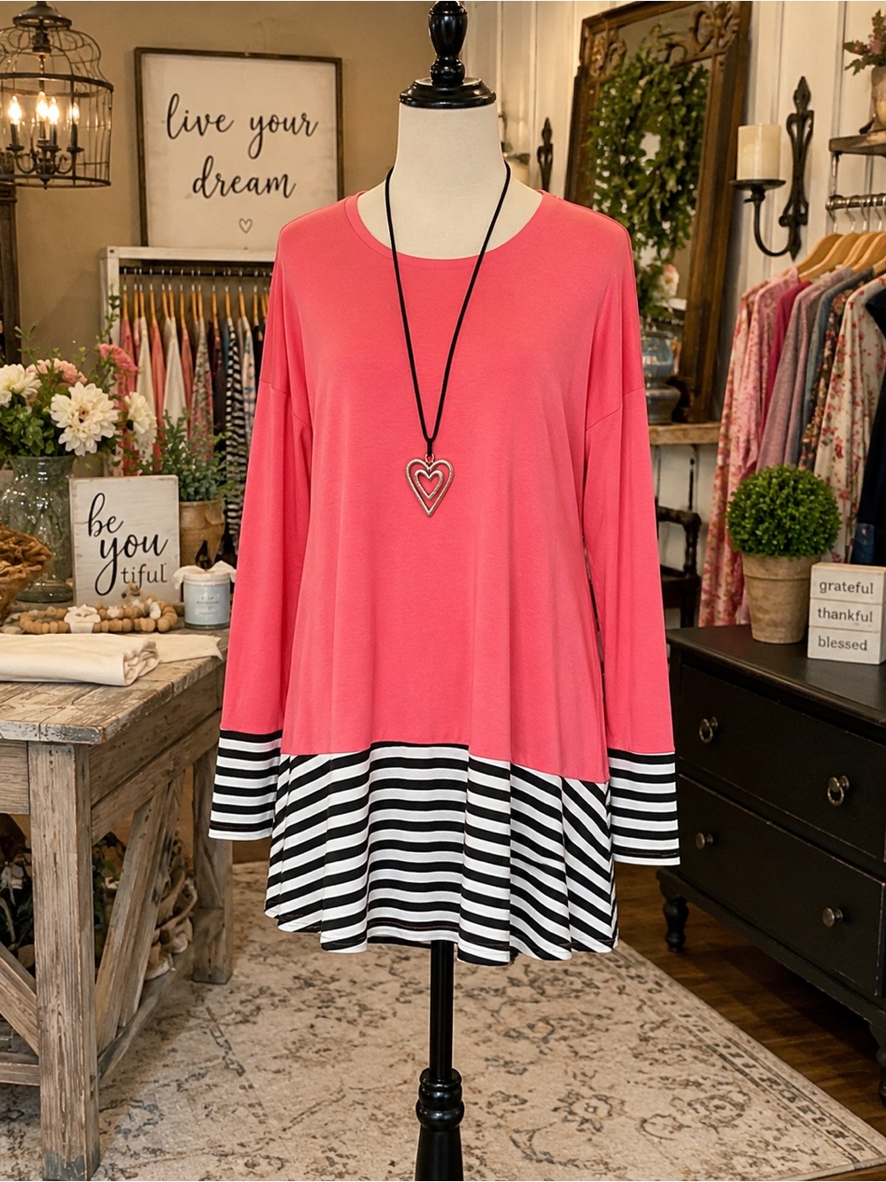 Azules Coral Long Sleeve Tunic with Black & White Striped Hem